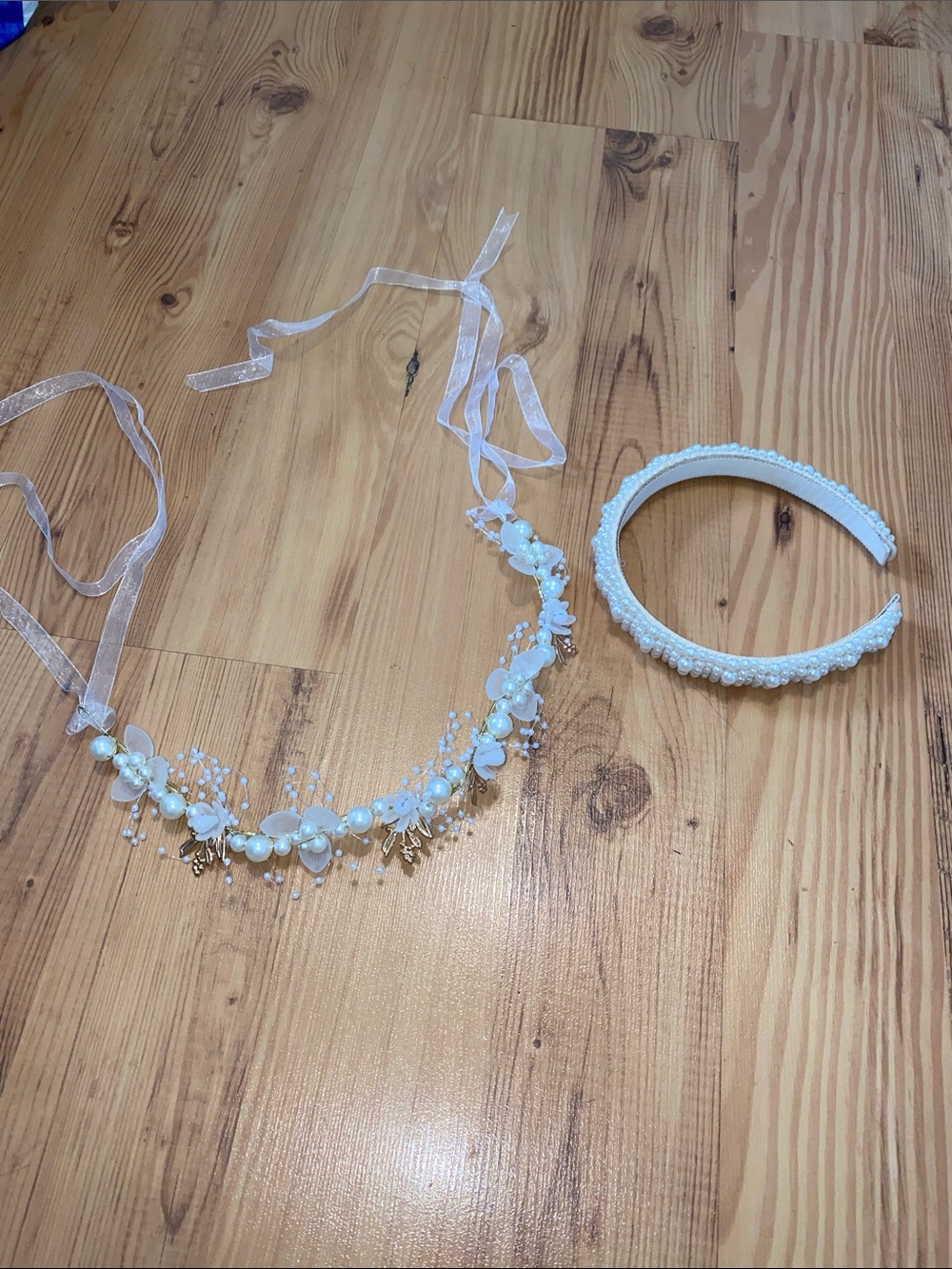 Pearl & Floral Crown & Pearl Beaded Headband Set - White